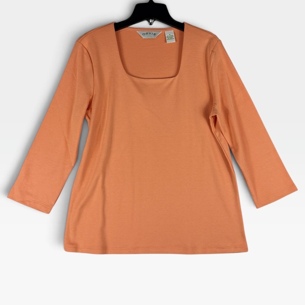 Orvis T-Shirt Square Neck Womens S Orange 3/4 Sleeve Cotton Blend NWOT